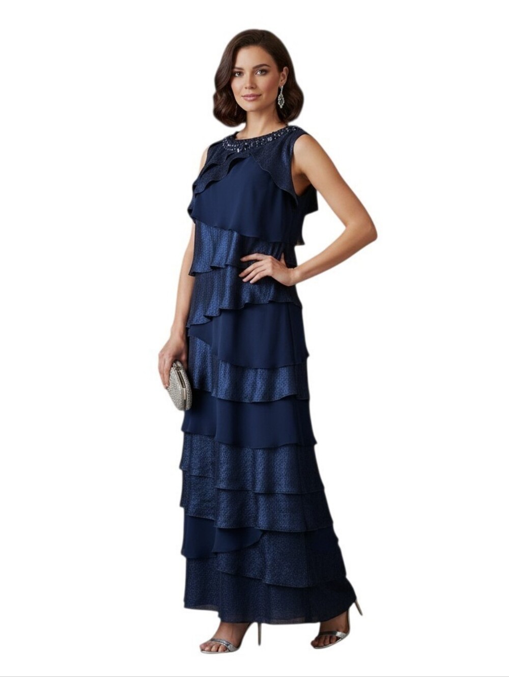 NWT S.L. Fashions Navy Tiered Ruffle Beaded Neckline Dress Size 24W